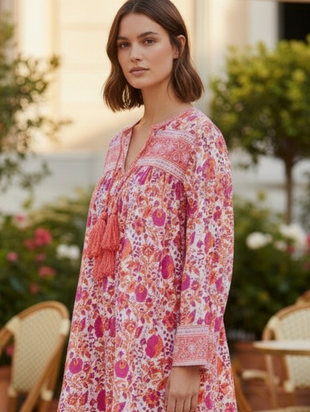 SZ BLOCKPRINTS Indian Floral Print Cotton Dress Tassels Magenta Tangerine Large